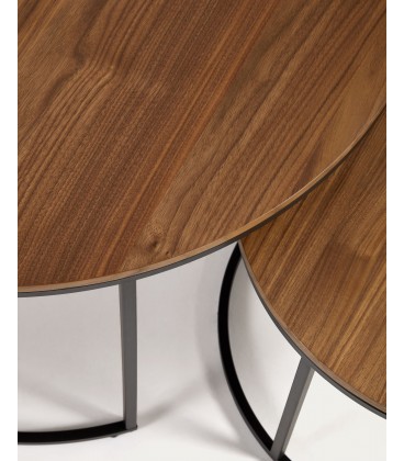 Yoana Набор из 2 приставных столиков из шпона ореха и черным металлом Ø 80 см / Ø 50 см
