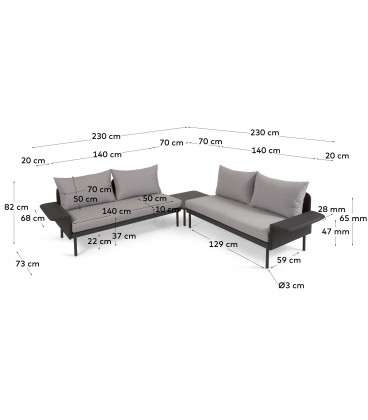 Угловой алюминиевый диван Zaltana с черной матовой отделкой 164 см
