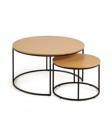 Yoana Набор из 2 столиков из дубового шпона и черного металла Ø 80 см / Ø 50 см